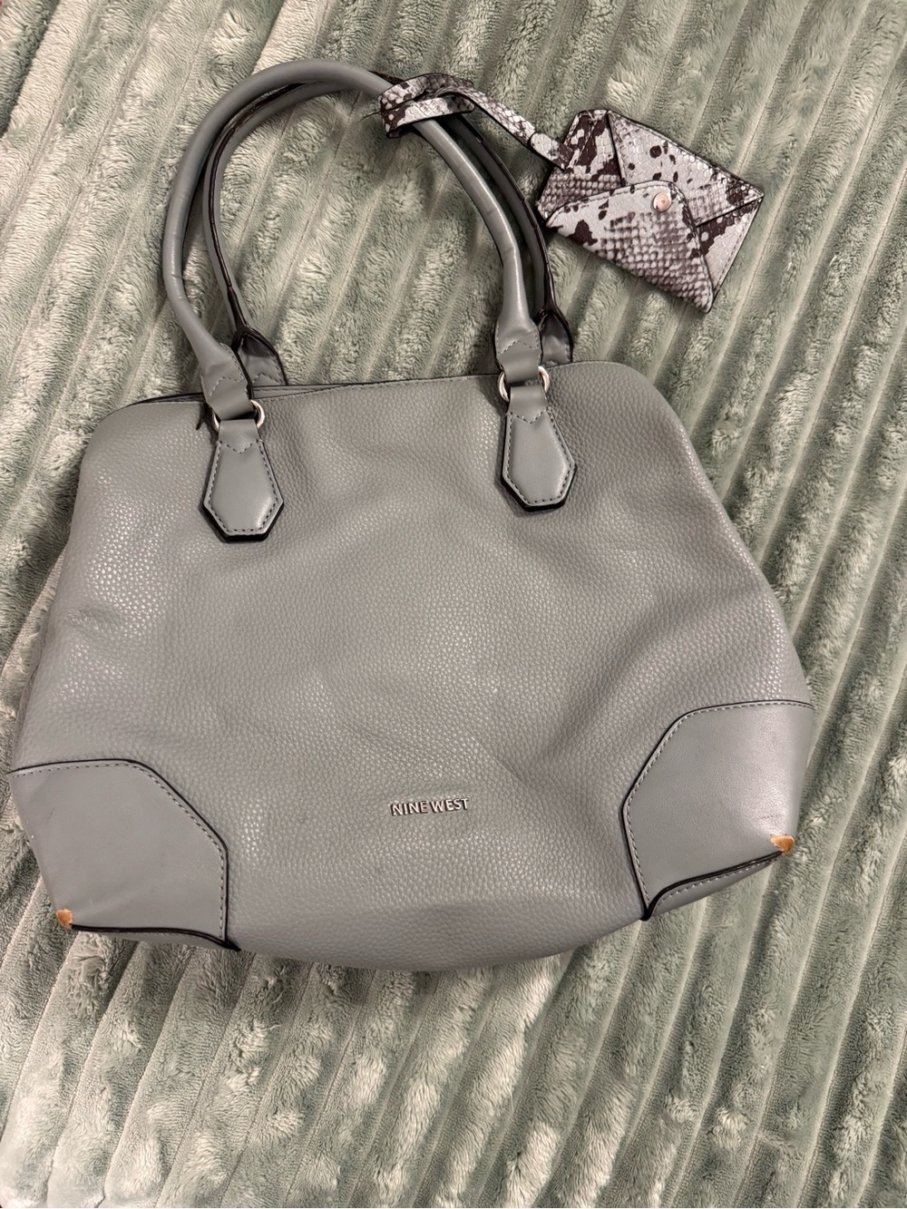 Nine West Gray Leather Pebbled Tote with Snake-Print Tag